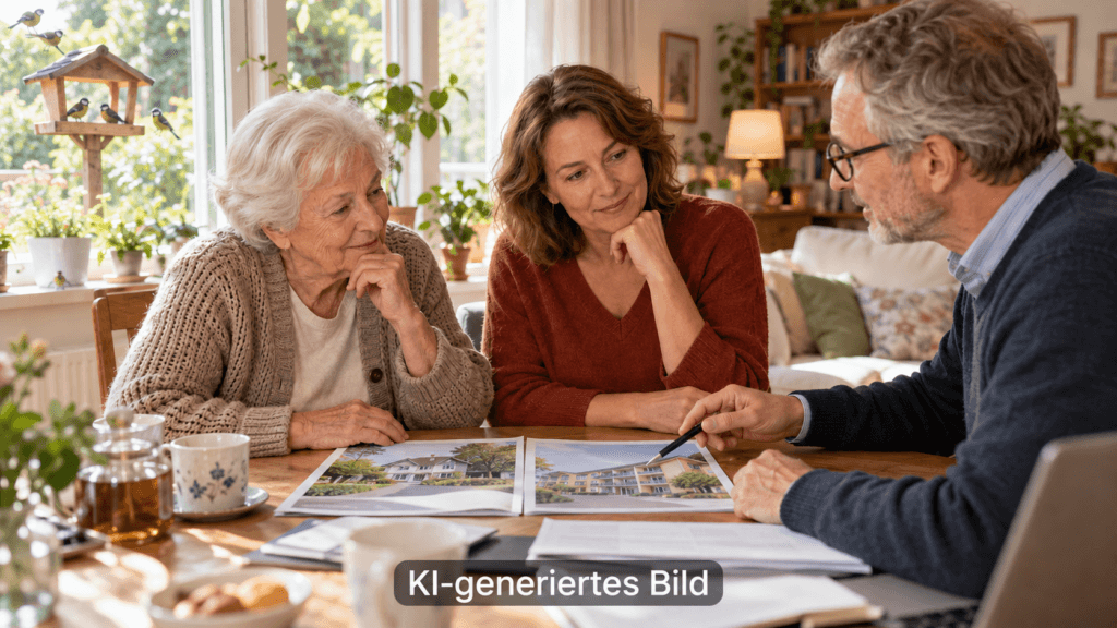 Angehörige besprechen, ob Pflege zuhause oder ein Pflegeheim besser passt.