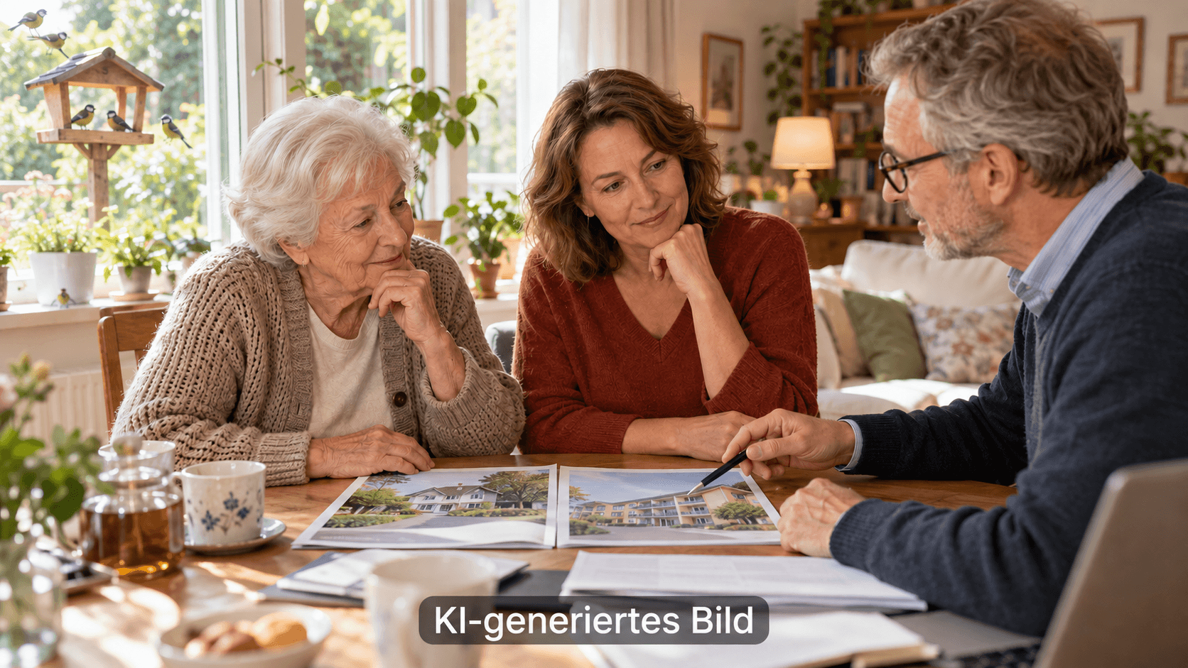 Angehörige besprechen, ob Pflege zuhause oder ein Pflegeheim besser passt.